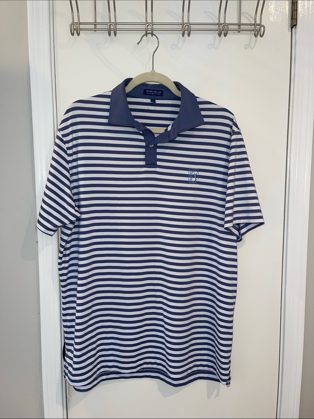 Peter Millar Navy and White Horizontal Stripe Polo